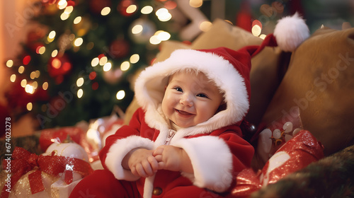 Baby on christmas eve happy with a smile in a Santa Claus costume photo