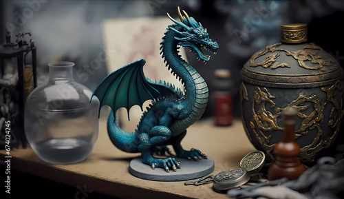 a dragon statue is shown in a blurry photo with a blurry background of other items in the background