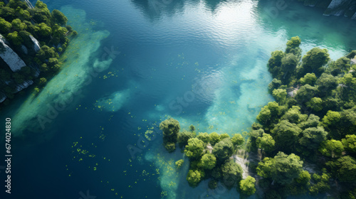 An aerial view of a crystal clear lake surrounded by lush green hills