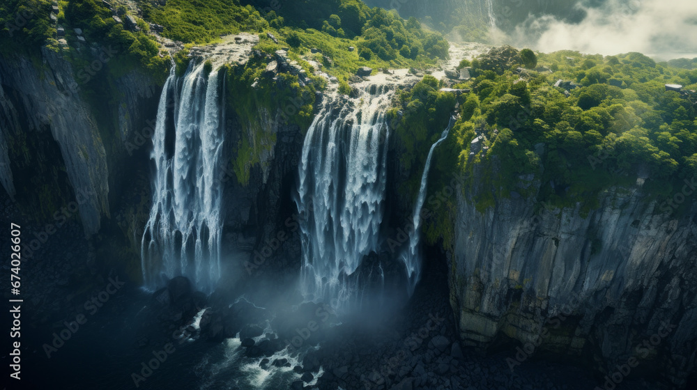 An aerial view of a majestic waterfall cascading down a rugged cliff face
