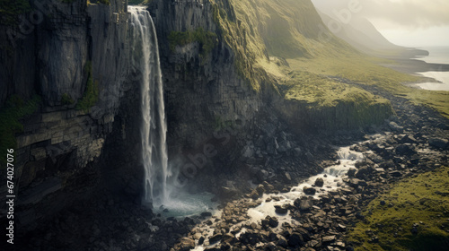 An aerial view of a majestic waterfall cascading down a rocky cliff face