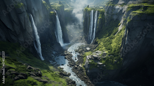 An aerial view of a majestic waterfall cascading down a rocky cliff face photo