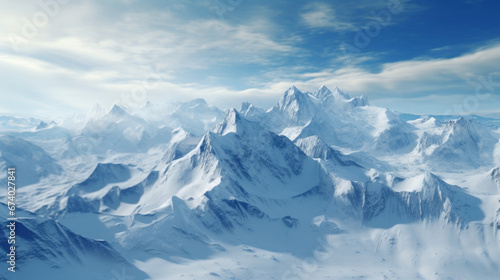 An aerial view of a snow-covered mountain range with jagged peaks and valleys © Textures & Patterns