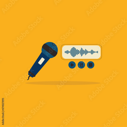Podcast illustration with microphone and audio line in flat retro style. Play, pause and stop buttons and voice message. Vintage icon	
