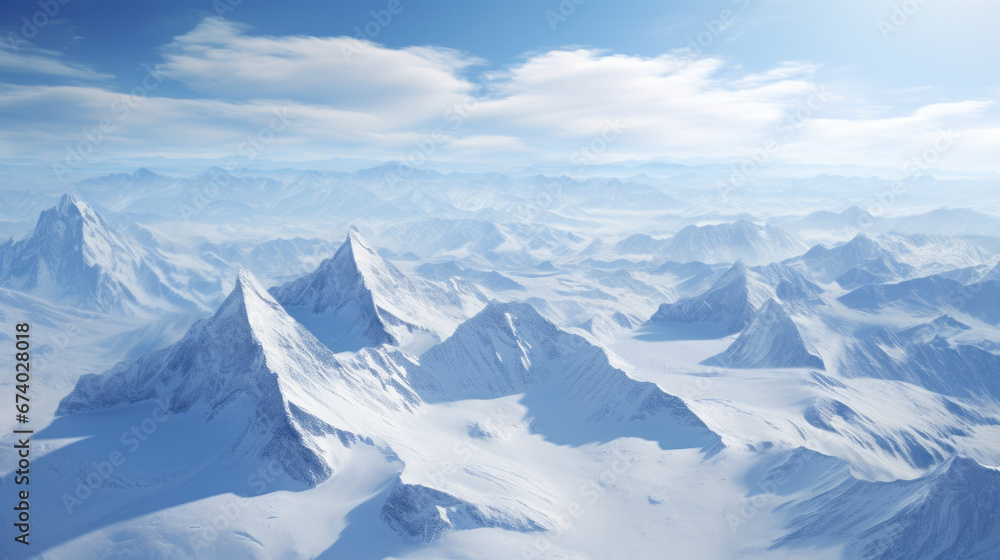 An aerial view of a snow-covered mountain range with jagged peaks and valleys