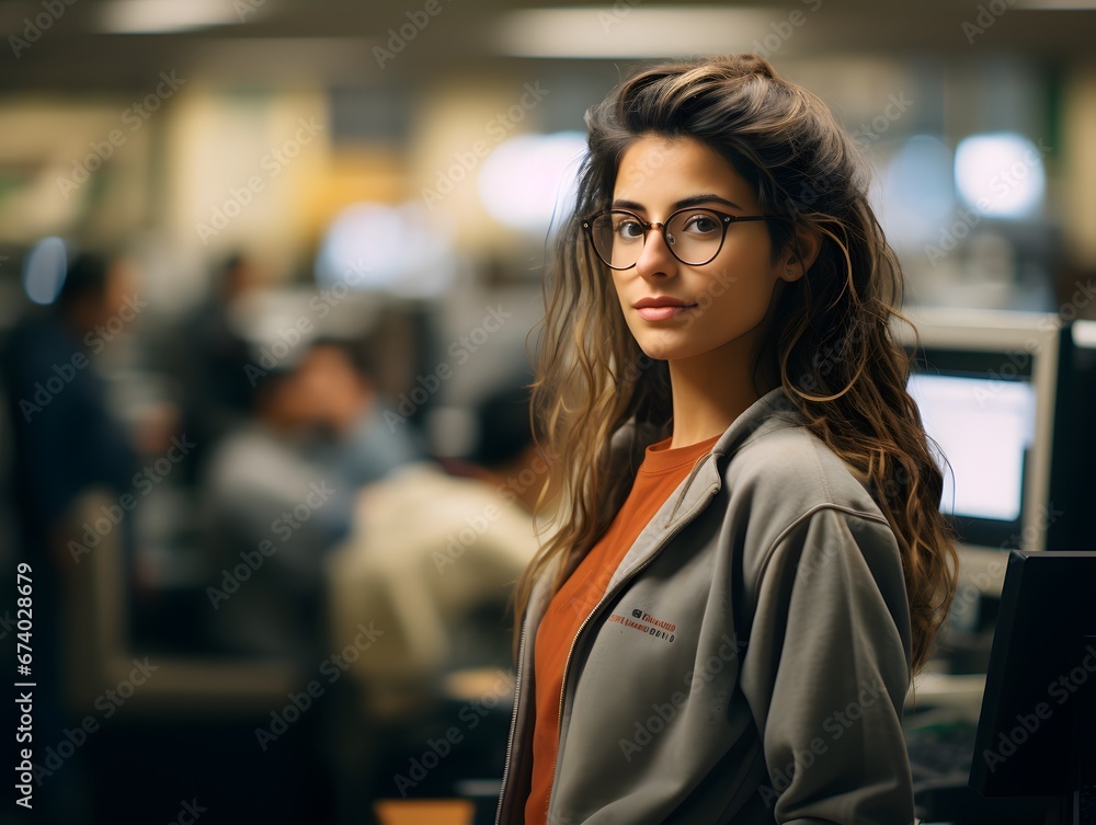 Fototapeta premium Stressed IT Specialist: Authentic Candid Shot of a Girl Working in Tech