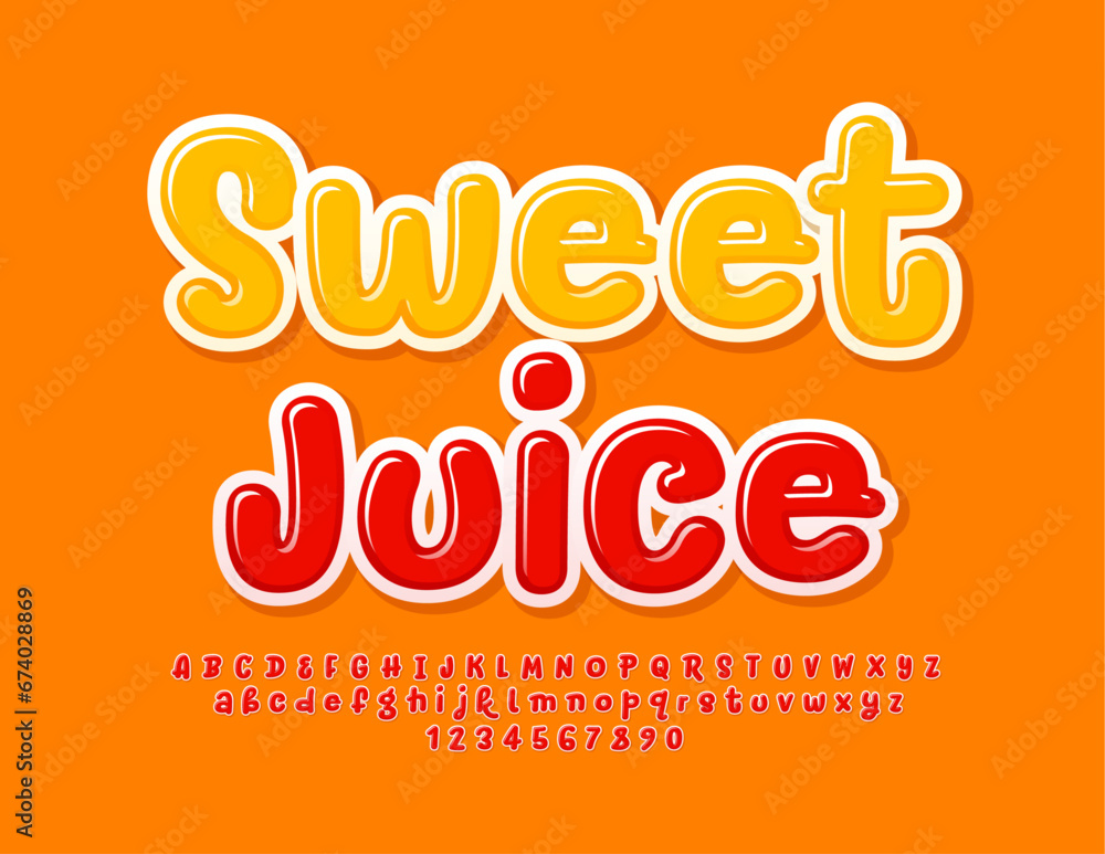 Vector bright label Sweet Juice. Funny Red Font. Glossy Handwritten Alphabet Letters and Numbers set