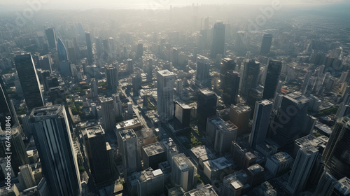 An aerial view of a sprawling metropolis with a bustling skyline and bustling streets