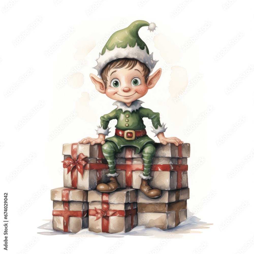Watercolor Santa's Elf in pointy hat and green attire sitting on gift box, isolated element on white background Watercolor Santa's Elf in pointy hat and green attire sitting on gift box, isolated element on white background