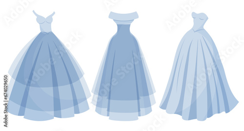 A set of luxurious blue dresses, a collection of princess wedding dresses. Fashion. Illustration, vector