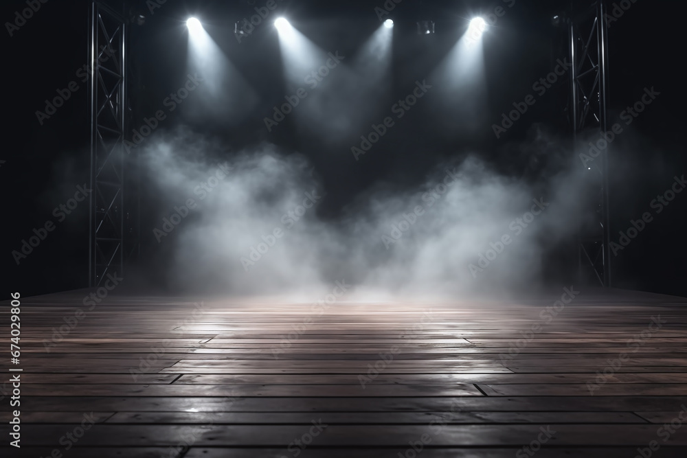Dark illuminated stage with scenic lights and smoke