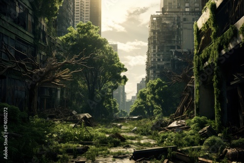 A cityscape image featuring decaying buildings  overgrown vegetation  and a sense of abandonment  illustrating the theme of urban decay in a dystopian world. Generative AI