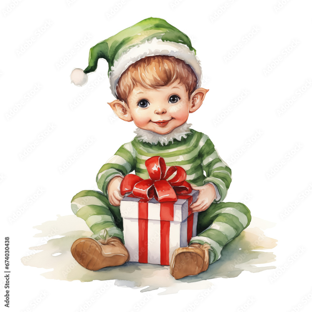 Watercolor Santa's Elve in pointy hat and green attire sitting on gift box, isolated element on white background Watercolor Santa's Elve in pointy hat and green attire sitting on gift box, isolated element on white background