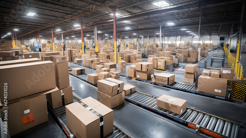 An Engaging Image of Cardboard Box Packages Seamlessly Moving Along a Conveyor Belt in a Busy Warehouse Fulfillment Center, Highlighting the Efficiency and Automation That Powers Modern E-commerce
