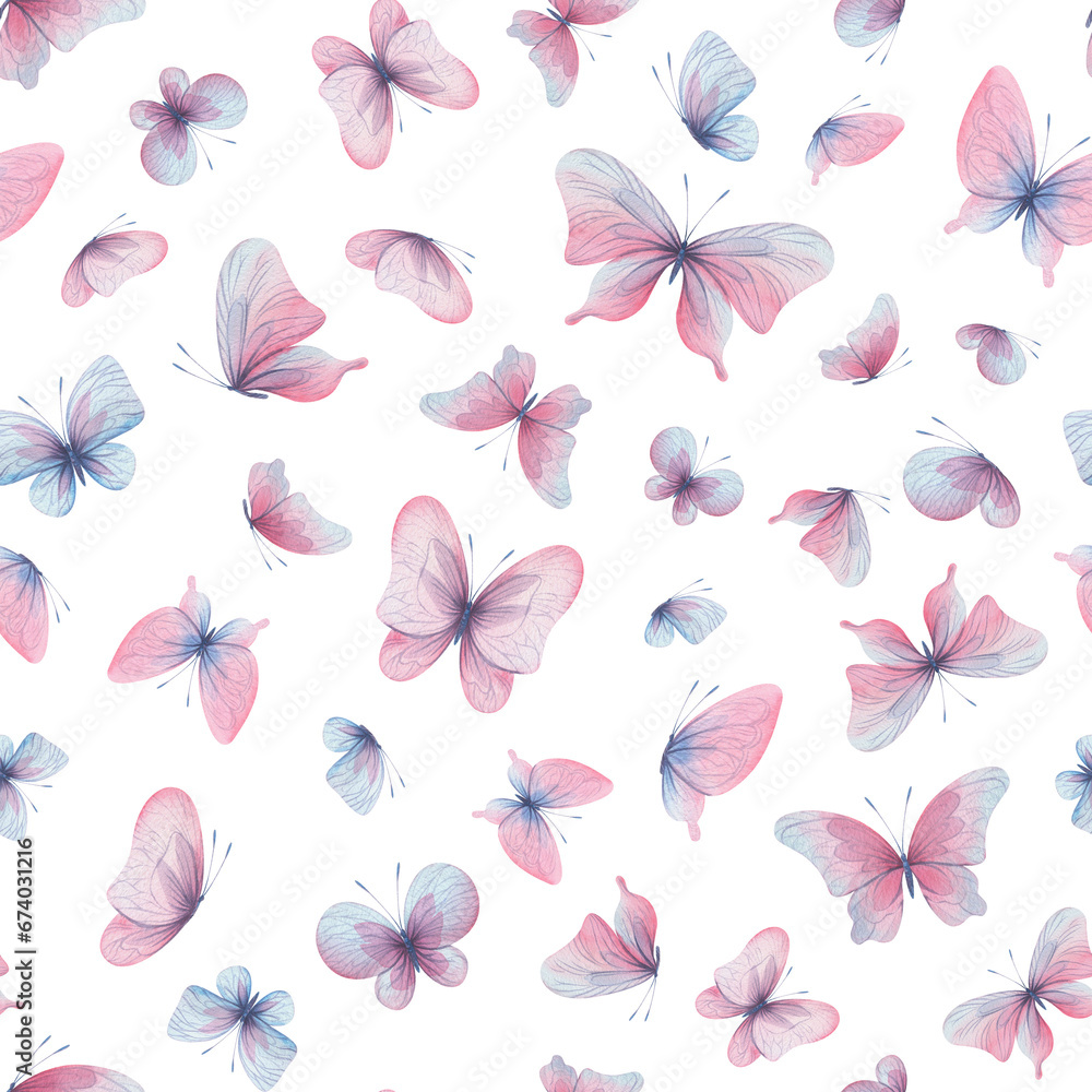 Butterflies are pink, blue, lilac, flying, delicate with wings and splashes of paint. Hand drawn watercolor illustration. Seamless pattern on a white background, for design.