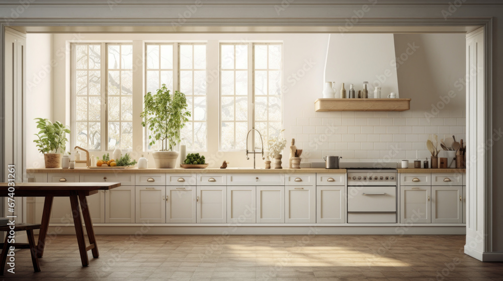 an airy kitchen with white walls and a tiled floor and a large bay window