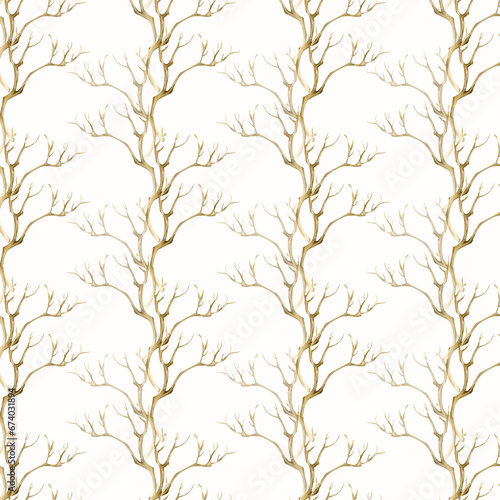 Watercolor hand drawn bare branch seamless pattern. Boho style floral background for packing, texture, textile design. Isolated on white background, rustic illustration collection