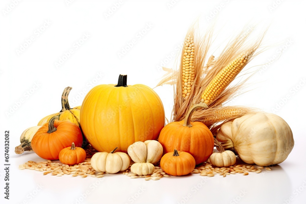 delicious pumpkin, apples, nut and corn cobs on light background delicious pumpkin, apples, nut and corn cobs on light background