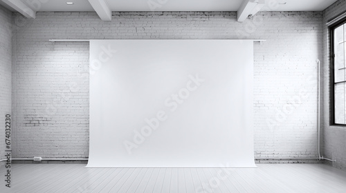 White studio background with wood flooring against a white brick wall