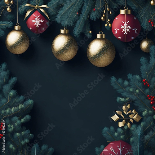 Christmas and New Year background with baubles and fir branches.