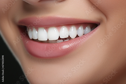 Closeup, female smile with white teeth, mouth, illustration. Generative AI. Dental, whitening, dentistry, medicine, health and hygiene, image