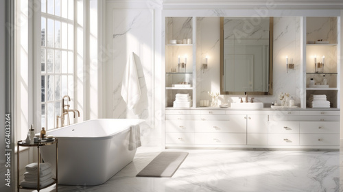 an all-white bathroom with a freestanding tub and a standing shower and a double vanity with marble countertops