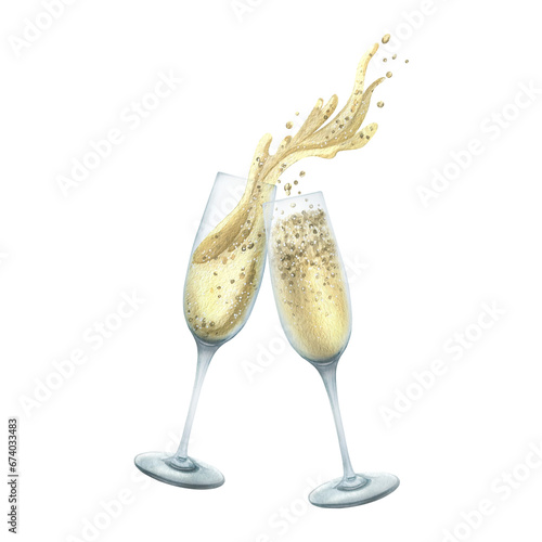 Glass goblets with champagne and splashes, white sparkling wine. Watercolor illustration, hand drawn. Isolated composition on a white background photo