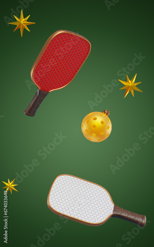 Pickleball two rackets and sports ball Christmas decoration. 3d rendering