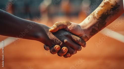 Two players shake hands showing sportsmanship during the game.