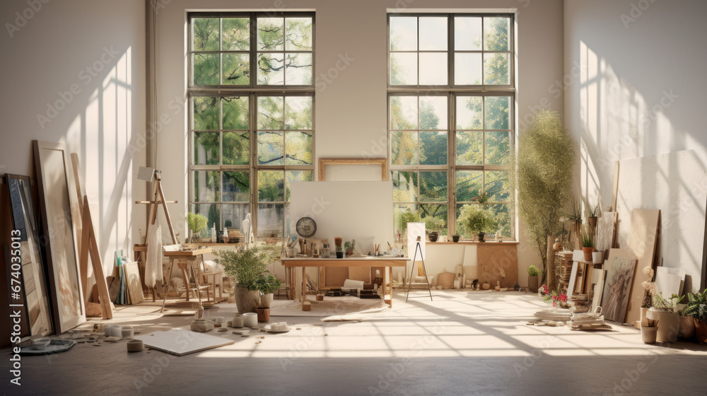 an art studio with high ceilings and white walls and a large window looking out onto a garden an art studio with high ceilings and white walls and a large window looking out onto a garden