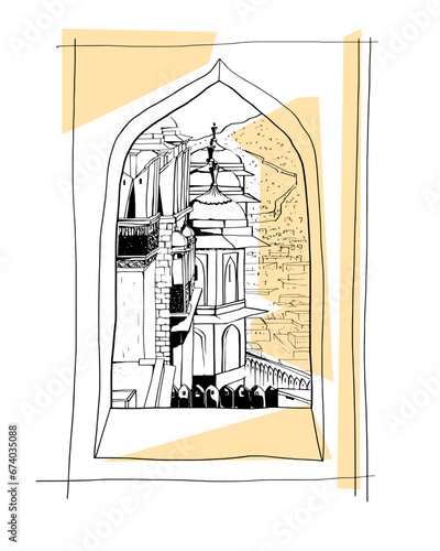 Beautiful line drawing of Reizen India. India. Agra Fort. modern flat style. postcards, cover, ruler, art.