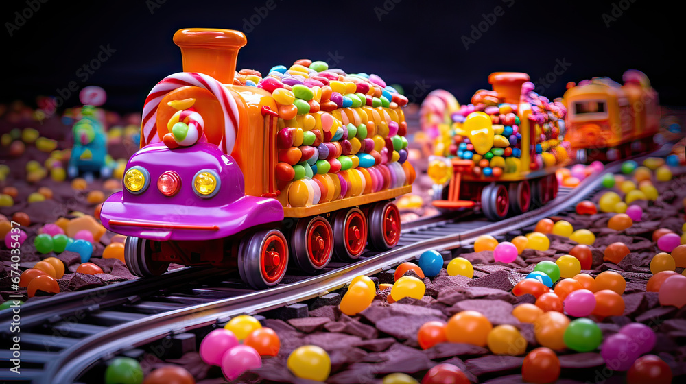 Charming candyland train powered by sizzling popping candies on a licorice track Ai Generative