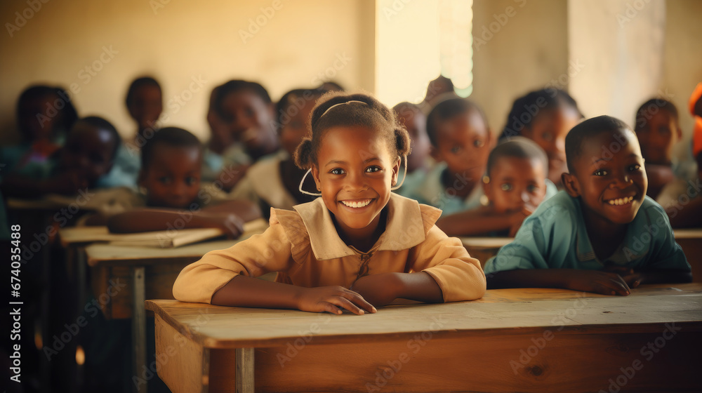 dark-skinned African student at a desk in a school class raises his hand, child, smart kid, children, study, learning, classroom, knowledge, lesson, pupil, boy, girl, team, friends, smile, portrait - obrazy, fototapety, plakaty 