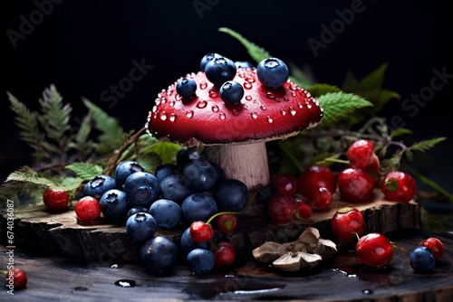 mushrooms with strawberries and cherries