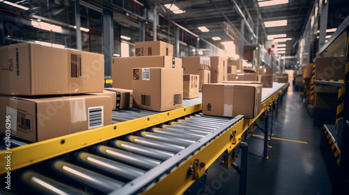 An Engaging Image of Cardboard Box Packages Seamlessly Moving Along a Conveyor Belt in a Busy Warehouse Fulfillment Center, Highlighting the Efficiency and Automation That Powers Modern E-commerce