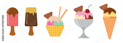 Set of tasty ice creams on a stick, eskimo pie, choc-ice. Gelato with different tastes, eskimo pie, popsicle, collection isolated popsicles with different topping. Vector illustration. photo