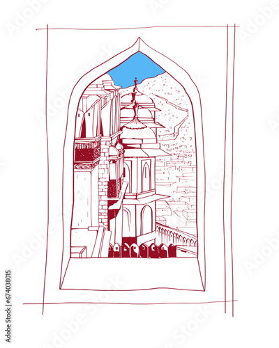 Beautiful line drawing of Reizen India. India. Agra Fort. modern flat style. postcards, cover, ruler, art.