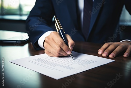 A suited individual signs a document with a golden pen.