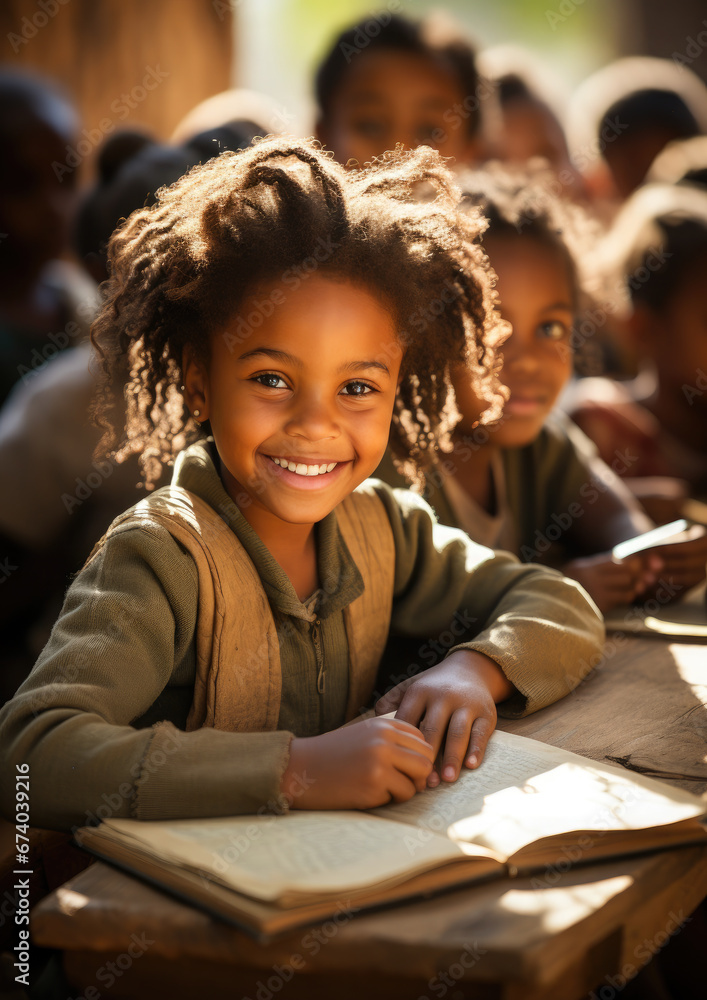dark-skinned African student at a desk in a school class raises his hand, child, smart kid, children, study, learning, classroom, knowledge, lesson, pupil, boy, girl, team, friends, smile, portrait dark-skinned African student at a desk in a school class raises his hand, child, smart kid, children, study, learning, classroom, knowledge, lesson, pupil, boy, girl, team, friends, smile, portrait