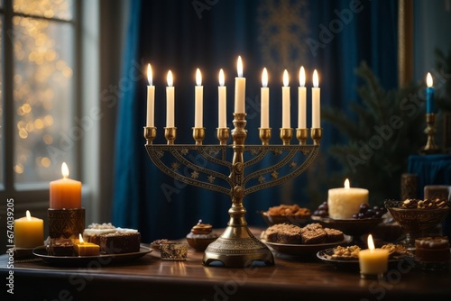 A beautifully arranged image featuring the menorah and the lighting of Hanukkah nine candles, capturing the tradition and symbolism of the holiday Generative Ai