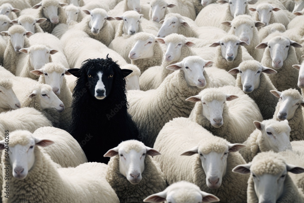A black sheep stands out in a flock of white sheep. A black sheep stands out in a flock of white sheep.