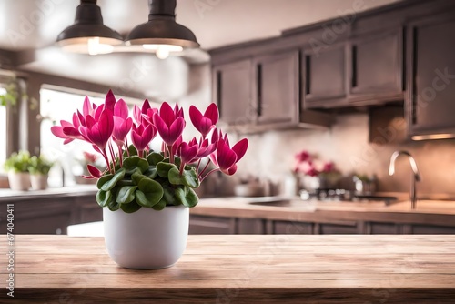 interior product display concept, cyclamen flower  on wooden table against blur hazy kitchen background photo