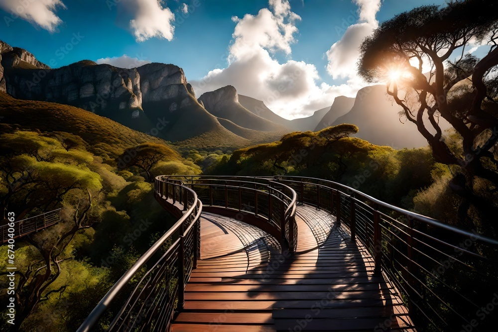 Mountain ranges, a magnificent sky, and a tree canopy walkway - obrazy, fototapety, plakaty 