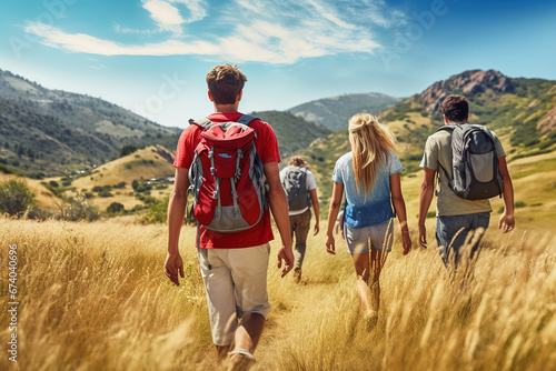 A group of tourists with backpacks go to the mountains.