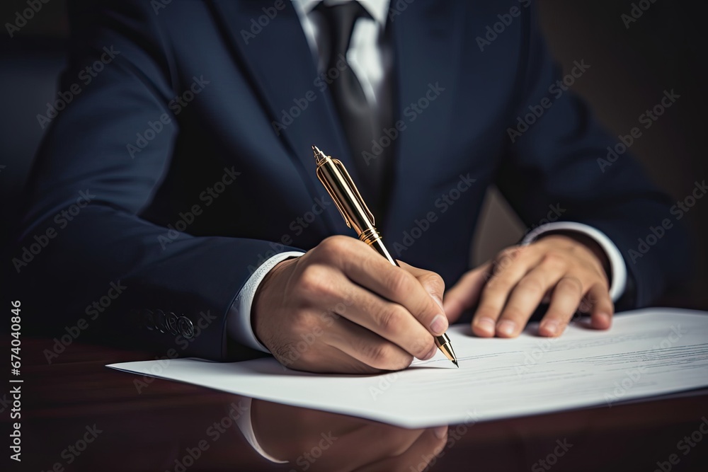 A suited individual signs a document with a golden pen. A suited individual signs a document with a golden pen.