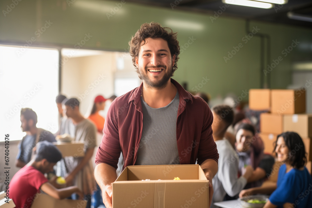 Portrait of male volunteer with charity box and international group of people at distribution center. Portrait of male volunteer with charity box and international group of people at distribution center.