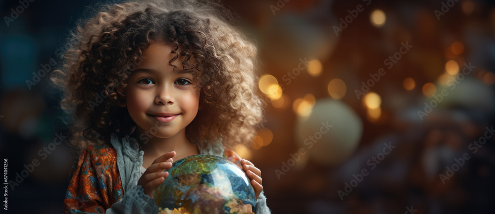 Naklejka premium A small girl hugs a replica of the planet Earth.&nbsp;World Children's Day&nbsp;concept. Generative Ai.
