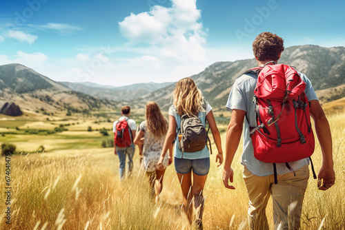 A group of tourists with backpacks go to the mountains.