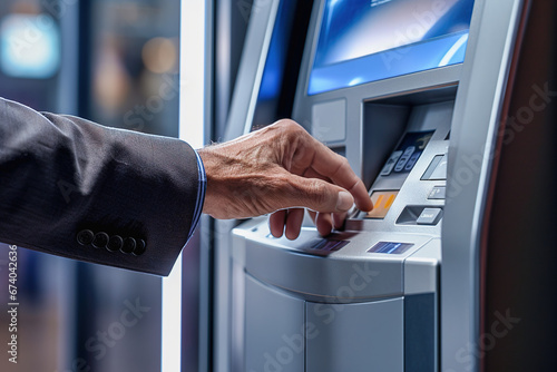A man withdraws money from an ATM, hands close-up. photo