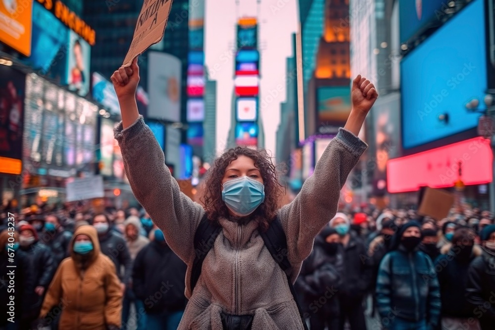 Obraz premium In the heart of the demonstration, a single man in a mask raises his hands, an act that speaks volumes about protest.